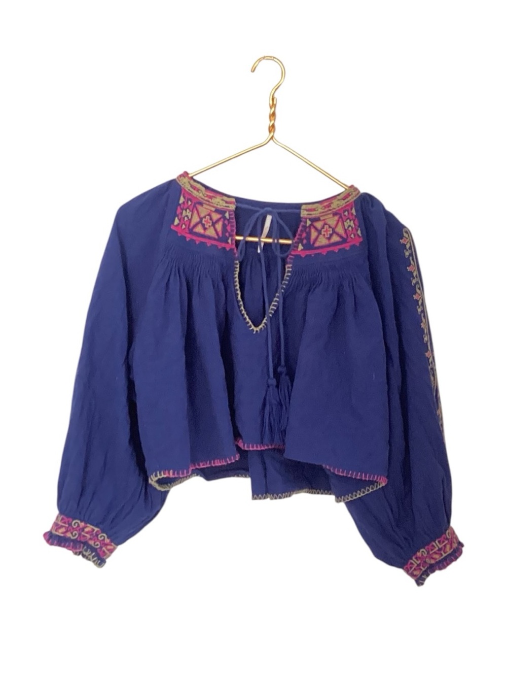Free People Blue Pink Crochet Cropped  Boho Peasant Blouse S